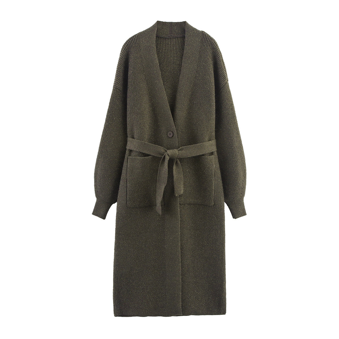 Damen Lange Strickjacke mit Bindegürtel, aufgesetzten Taschen und tiefem V-Ausschnitt Nord Taschen
