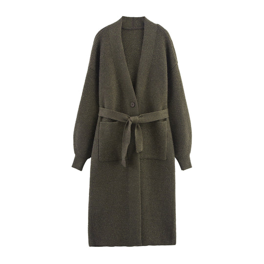 Damen Lange Strickjacke mit Bindegürtel, aufgesetzten Taschen und tiefem V-Ausschnitt Nord Taschen