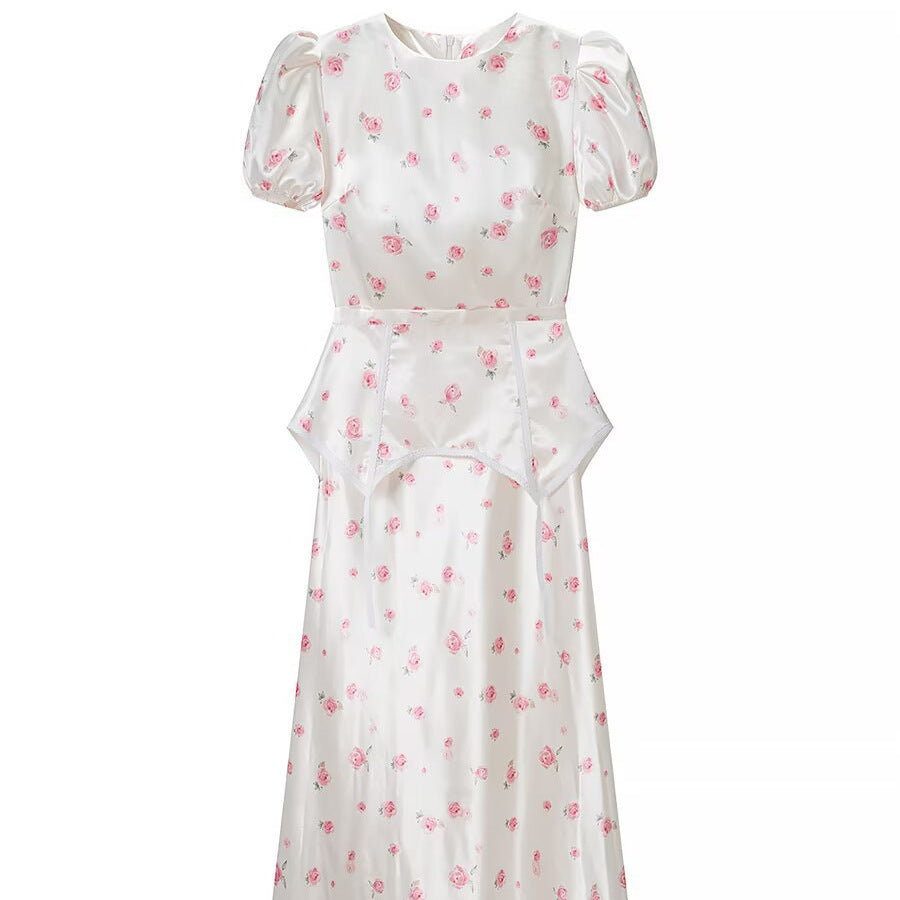 Damen Midikleid aus Satin mit Puffärmeln, integrierter Korsagen-Peplum und zartem Blumenprint Nord Taschen