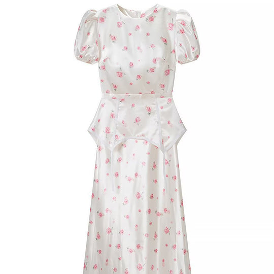 Damen Midikleid aus Satin mit Puffärmeln, integrierter Korsagen-Peplum und zartem Blumenprint Nord Taschen