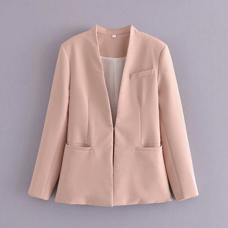 Damen Taillierter Blazer ohne Revers mit offener Front und Paspeltaschen Nord Taschen
