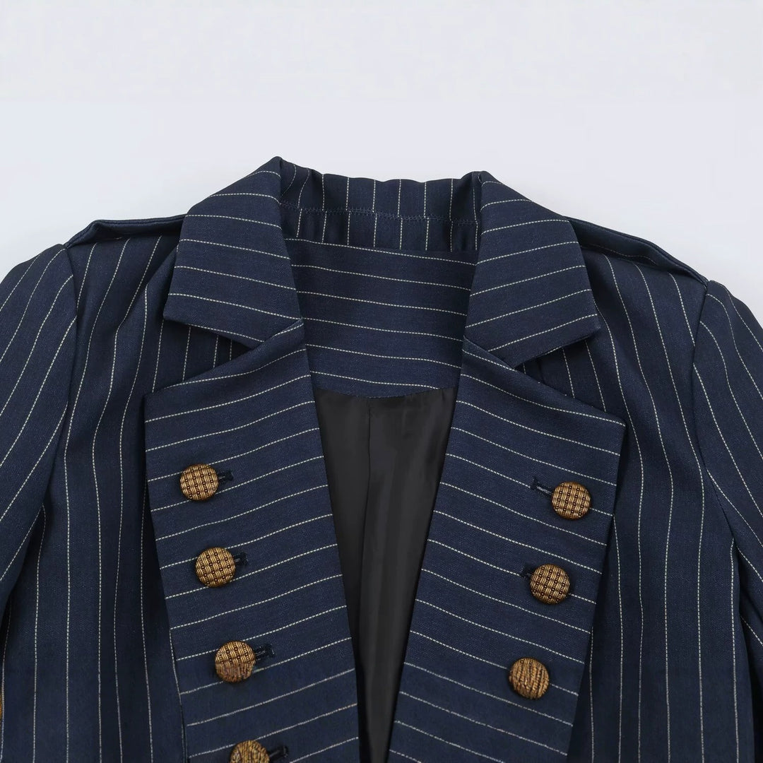 Damen taillierter Doppelreiher-Nadelstreifenblazer mit Schulterklappen Nord Taschen