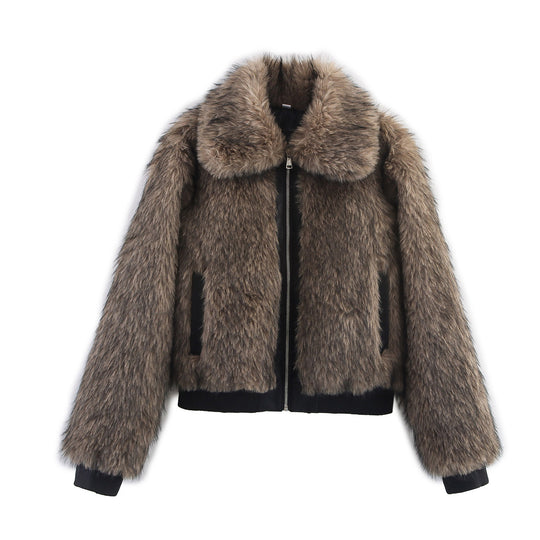 Damen Kurze Faux-Fur Bomberjacke mit Reißverschluss und Rippsaum Nord Taschen