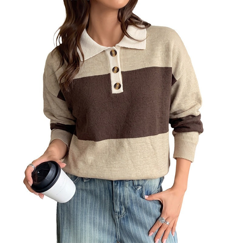 Damen Gestreifter Oversize-Polo-Strickpullover mit Knopfleiste und Rippsaum Nord Taschen