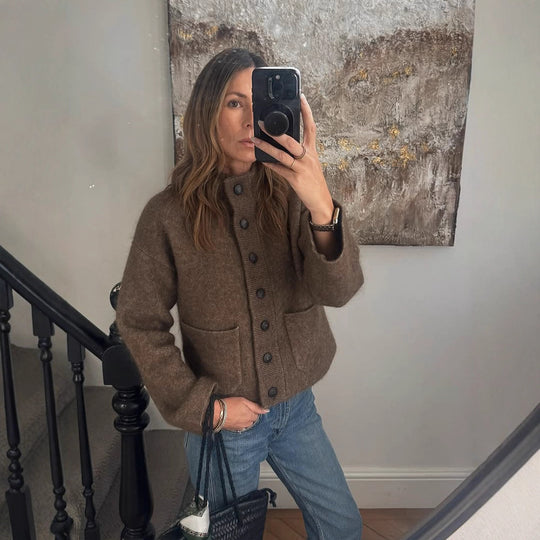 Damen Kurzjacke aus flauschigem Mohair‑Mix mit Knopfleiste & aufgesetzten Taschen Nord Taschen
