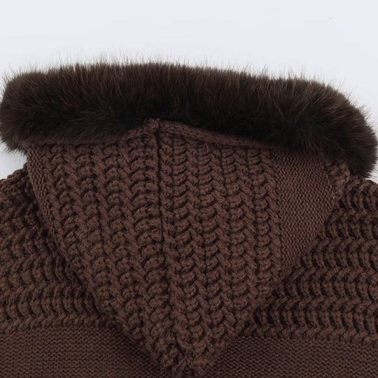Damen Grobstrick-Cardigan mit Reißverschluss und Kunstfellkapuze Nord Taschen