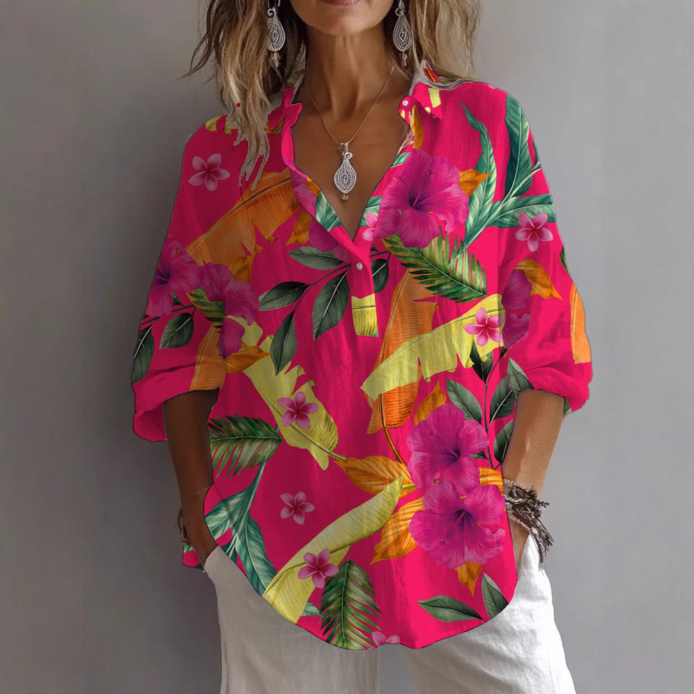 Damen lässige Bluse mit floralem Musterdruck und Knopfleiste Nord Taschen