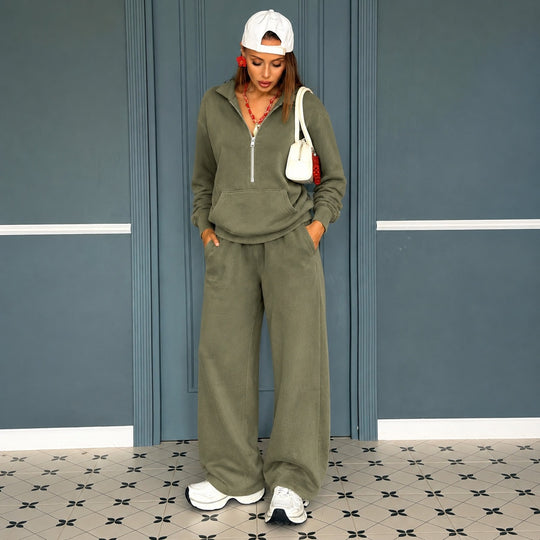 Damen lässiges Zip-Sweatset mit Polokragen und weitem Jogger-Schnitt Nord Taschen