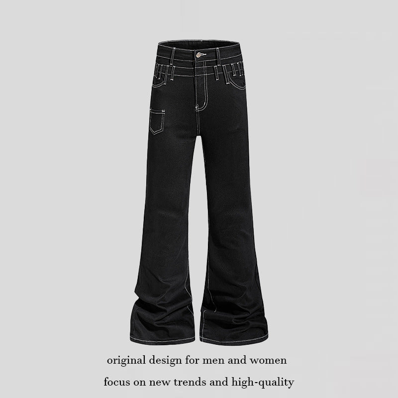 Damen hochgeschnittene Schlagjeans mit weitem Bein, Utility-Tasche und Kontrastnähten Nord Taschen