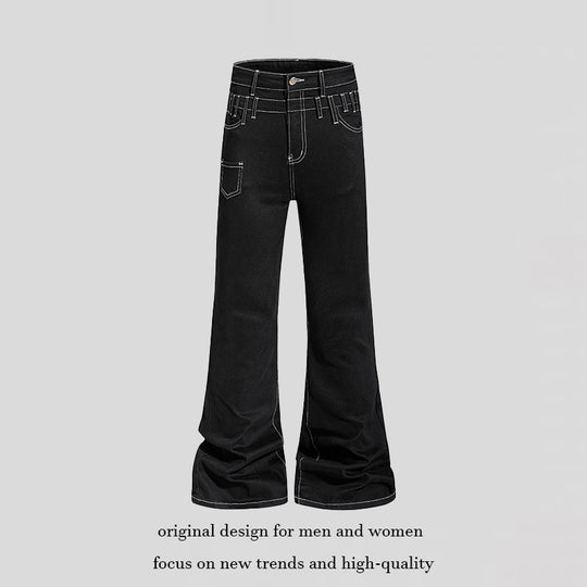 Damen hochgeschnittene Schlagjeans mit weitem Bein, Utility-Tasche und Kontrastnähten Nord Taschen