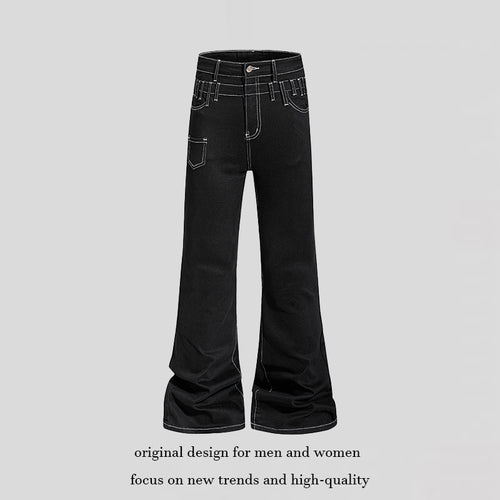 Damen hochgeschnittene Schlagjeans mit weitem Bein, Utility-Tasche und Kontrastnähten Nord Taschen