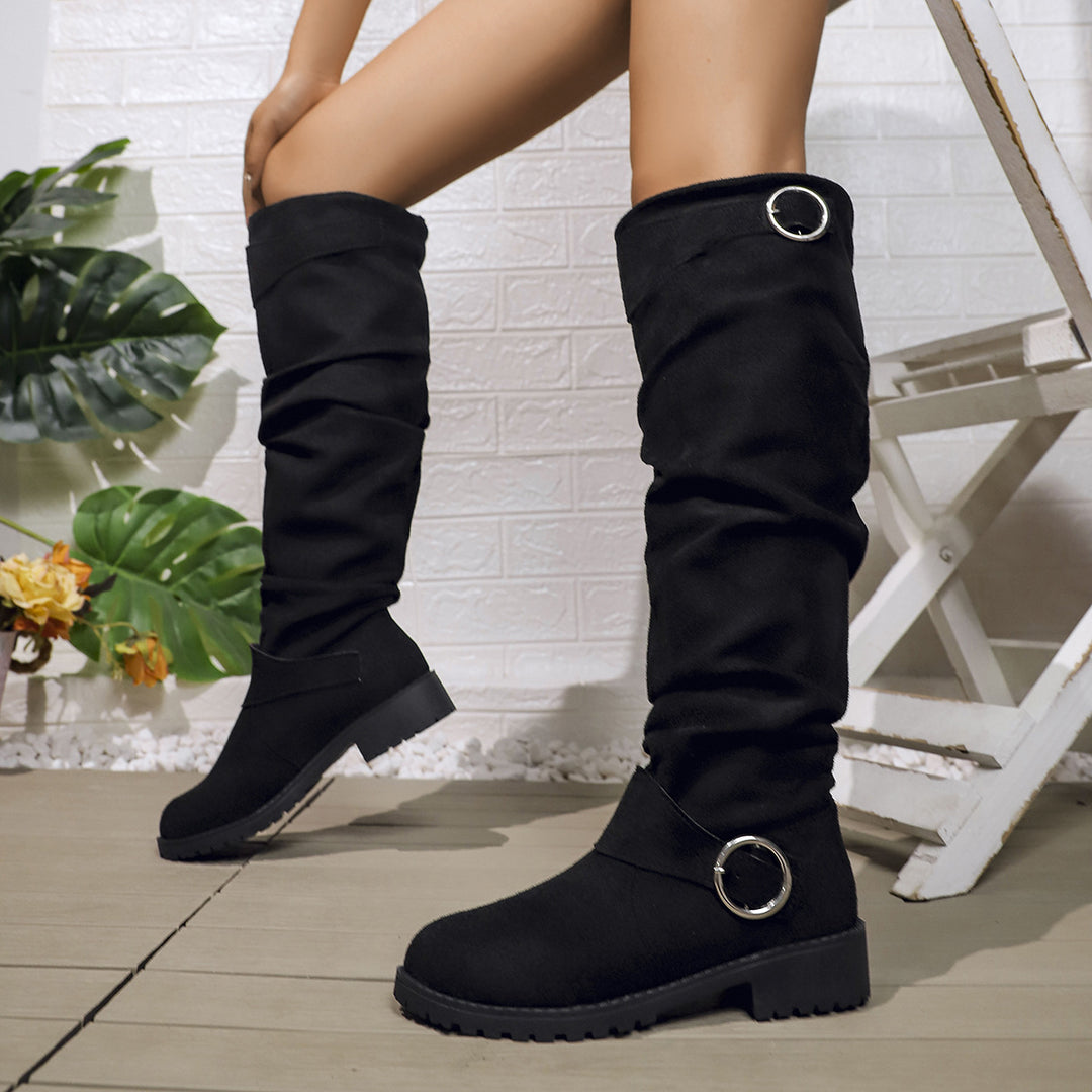 Damen kniehohe Slouch-Stiefel aus Wildlederoptik mit dekorativer Schnalle und rutschfester Profilsohle Nord Taschen