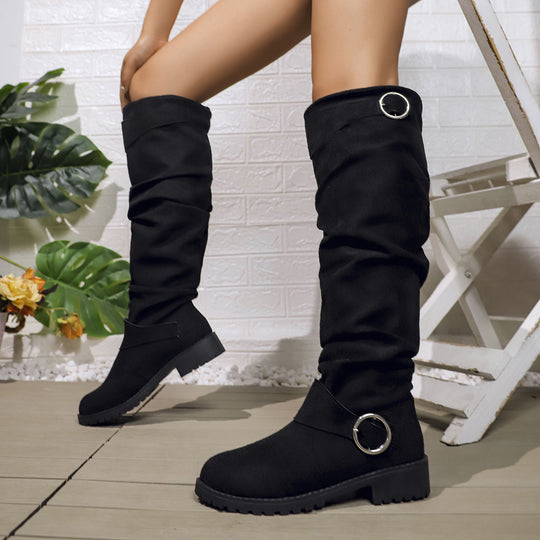 Damen kniehohe Slouch-Stiefel aus Wildlederoptik mit dekorativer Schnalle und rutschfester Profilsohle Nord Taschen