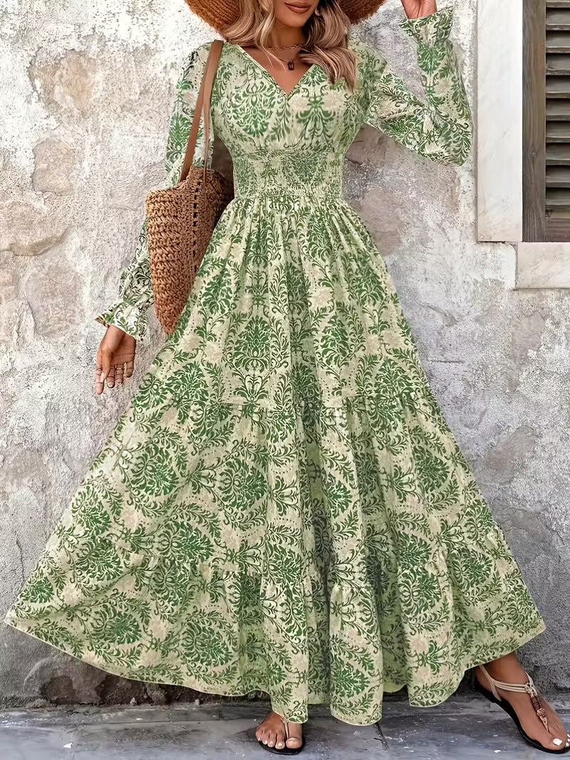 Damen Boho‑Maxikleid mit Smok‑Taillenpartie, V‑Ausschnitt und Stufenrock Nord Taschen