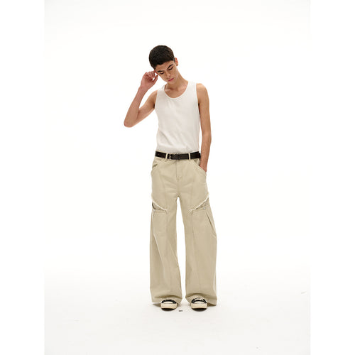 Damen Weite High‑Waist Cargo‑Hose im Vintage‑Workwear‑Look mit Aufgesetzten Taschen und Fransen-Details Nord Taschen