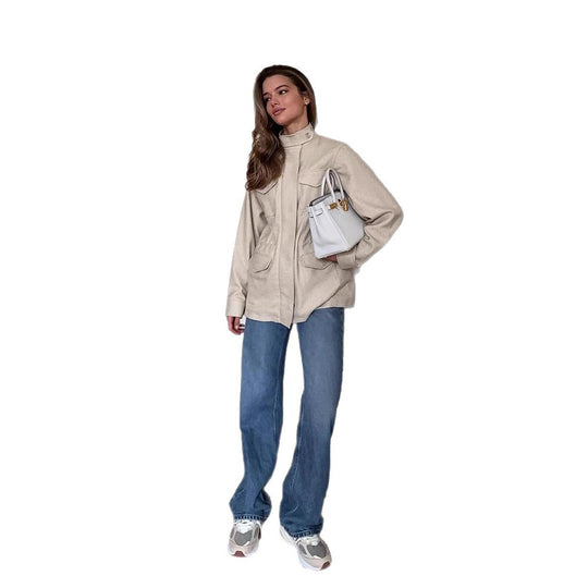 Damen Oversize Fieldjacke aus Wollmix mit Stehkragen und aufgesetzten Pattentaschen Nord Taschen
