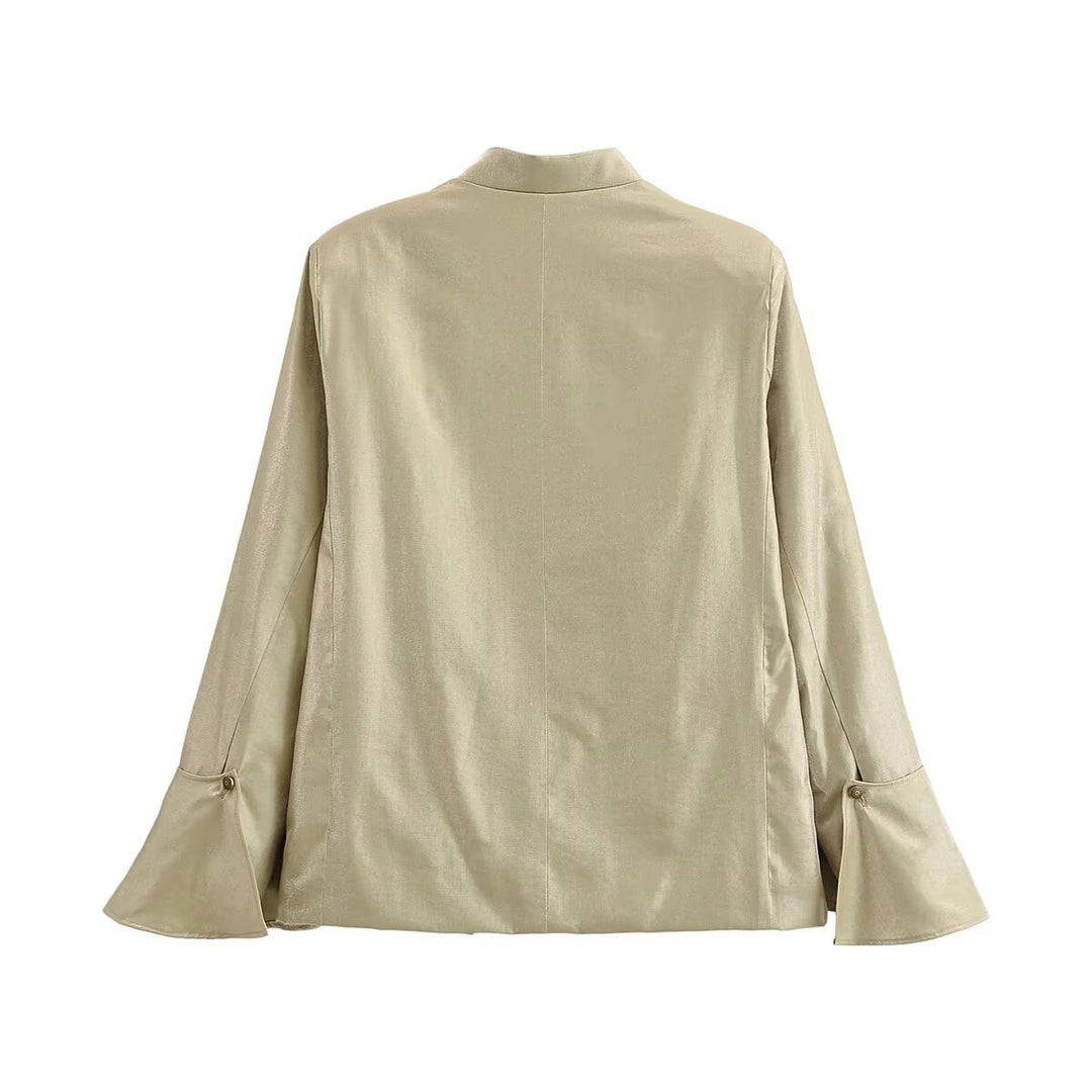 Damen Glänzende A-Linien-Jacke mit asymmetrischer Knopfleiste und Glockenärmeln Nord Taschen