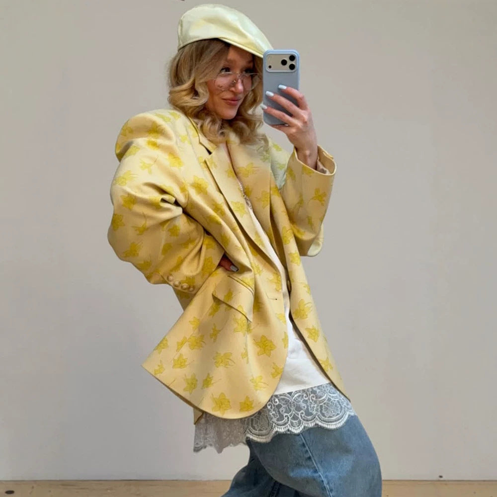Damen Oversize-Blazer aus floralem Jacquard mit markanter Schulterpartie Nord Taschen