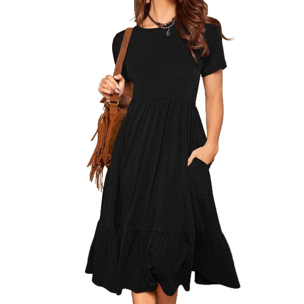 Damen lässiges Midikleid mit Taschen und voluminösen Rüschendetails