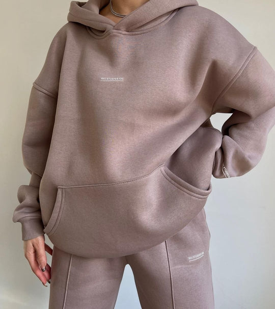 Damen Set Schwere French‑Terry Oversize‑Kapuzenpullover mit Kängurutasche und Slim‑Jogginghose Nord Taschen