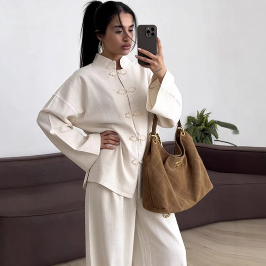 Damen Oversized Mandarinjacke mit Knotenverschlüssen und weitem Arm Nord Taschen