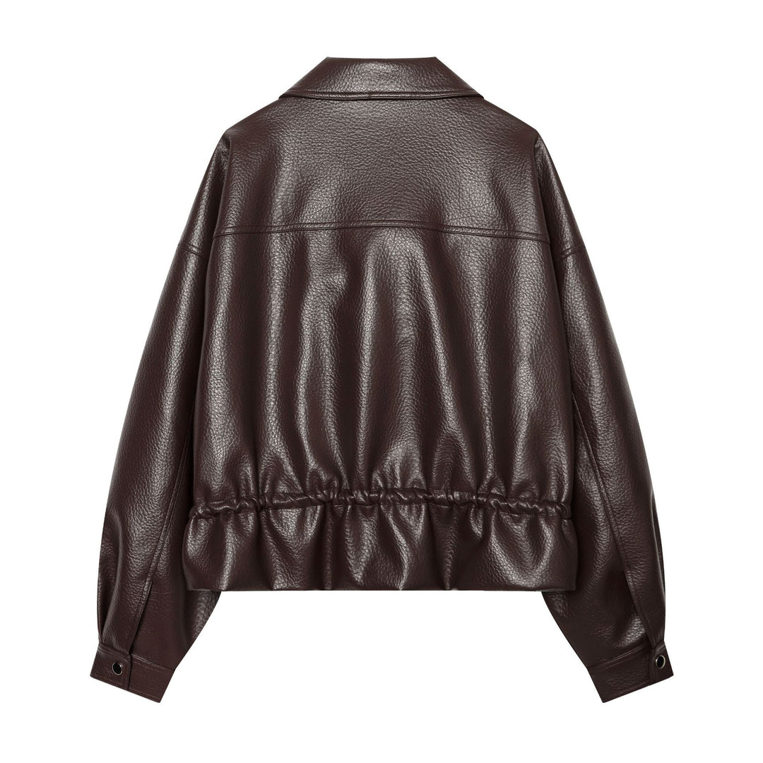 Damen Kurzer Lederoptik Blouson mit Tunnelzugtaillierung Nord Taschen