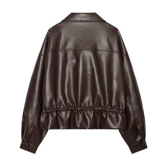 Damen Kurzer Lederoptik Blouson mit Tunnelzugtaillierung Nord Taschen