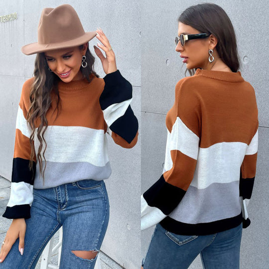 Damen Farbblock-Feinstrickpullover mit Rundhals und legerer Passform Nord Taschen