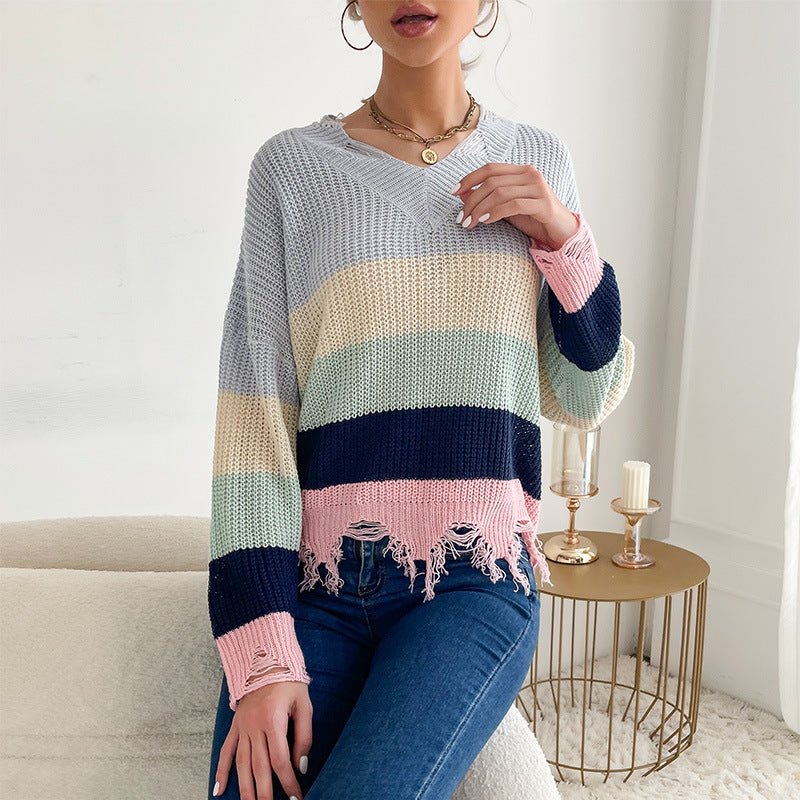 Damen Oversize V-Ausschnitt Strickpullover mit Streifendessin und ausgefranstem Saum Nord Taschen