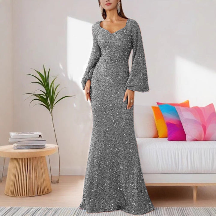 Damen Glamouröses Glitzer-Abendkleid mit schwingendem Rock und voluminösen Ärmeln