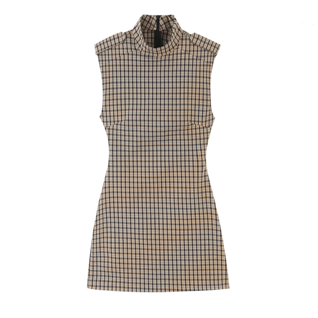 Damen Tailliertes ärmelloses Mini-Kleid mit Stehkragen und Karomuster Nord Taschen