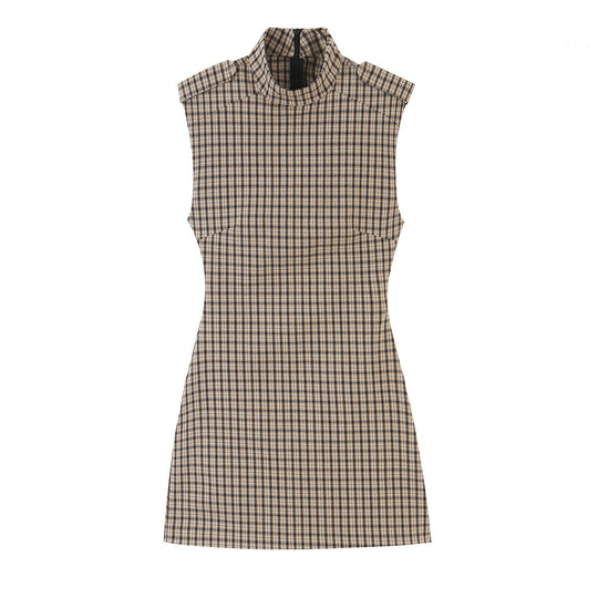Damen Tailliertes ärmelloses Mini-Kleid mit Stehkragen und Karomuster Nord Taschen