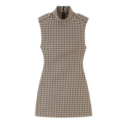 Damen Tailliertes ärmelloses Mini-Kleid mit Stehkragen und Karomuster Nord Taschen
