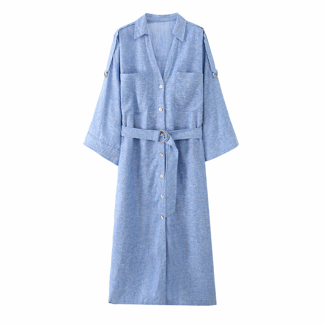 Damen Langes Hemdblusenkleid mit Taillengürtel und Kimonoärmeln Nord Taschen