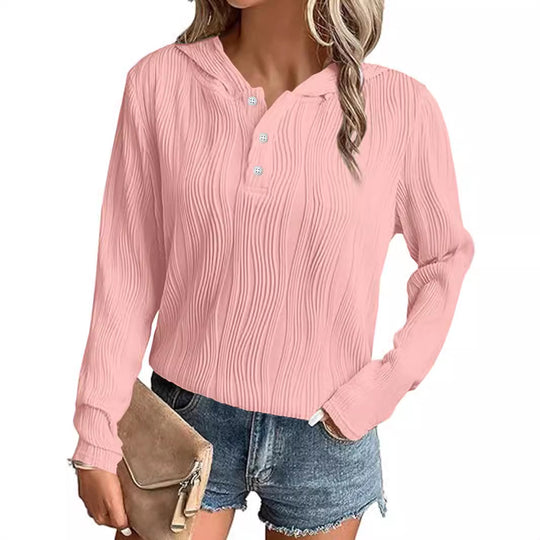 Damen Geripptes Kapuzen-Henleyshirt mit Knopfleiste und leichter Struktur Nord Taschen