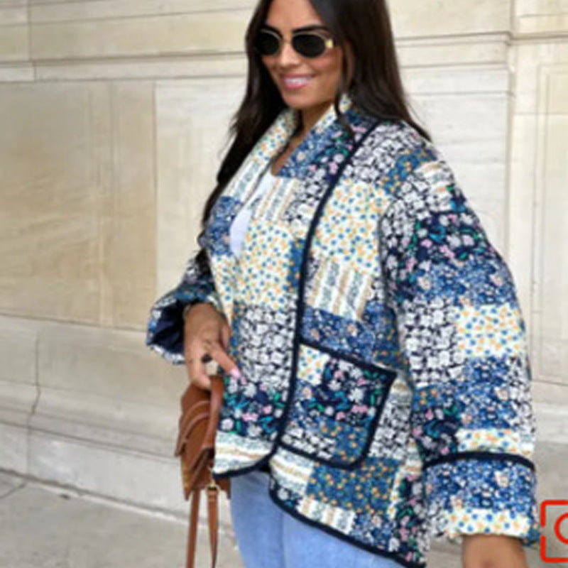 Damen Gesteppte Patchwork-Quiltjacke mit Kontrastpaspel und aufgesetzten Taschen Nord Taschen