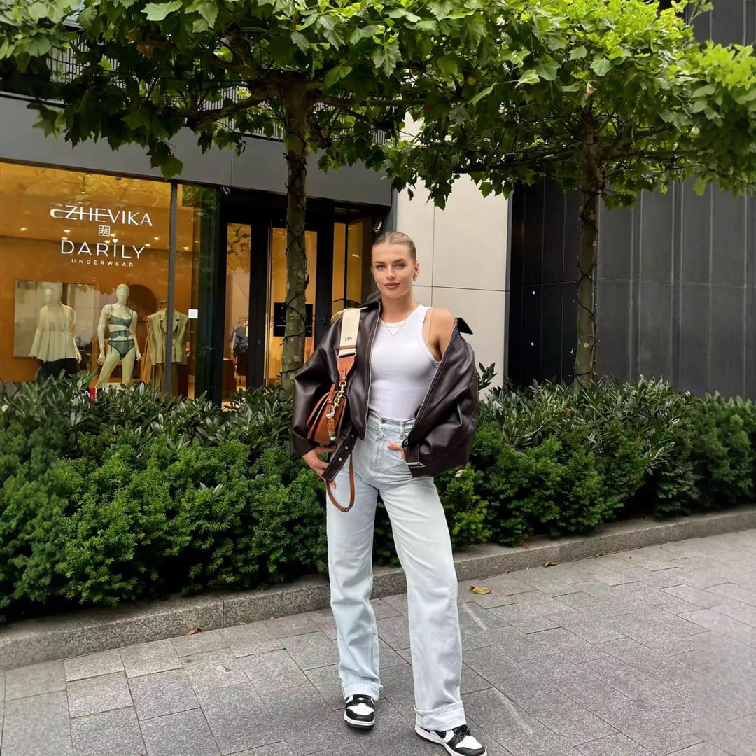 Damen Oversized Kunstleder-Bomberjacke mit Gürtel und Hemdkragen Nord Taschen