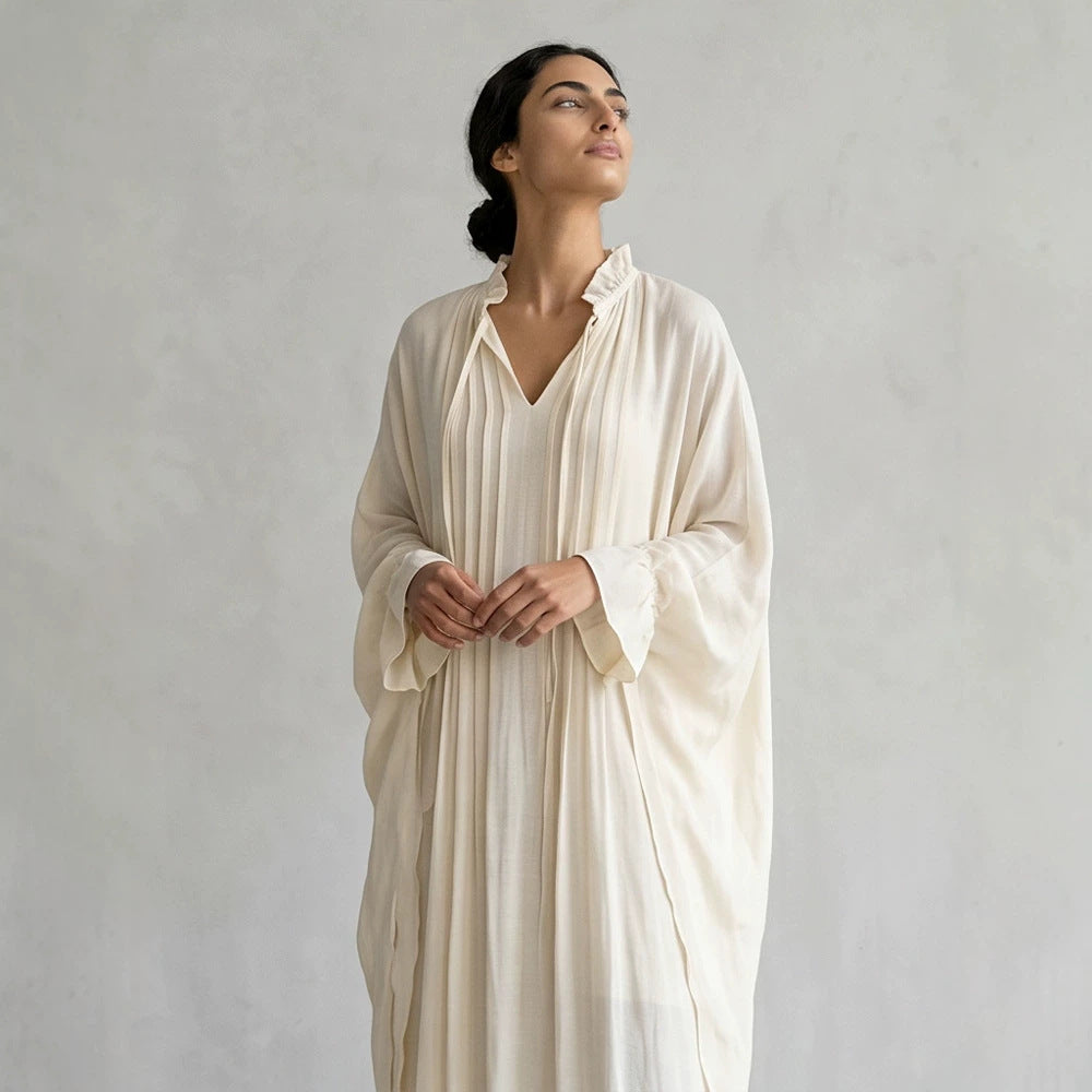 Damen Maxikleid im Kaftan-Stil mit Rüschenkragen, Bindebändern und voluminösen Ärmeln Nord Taschen