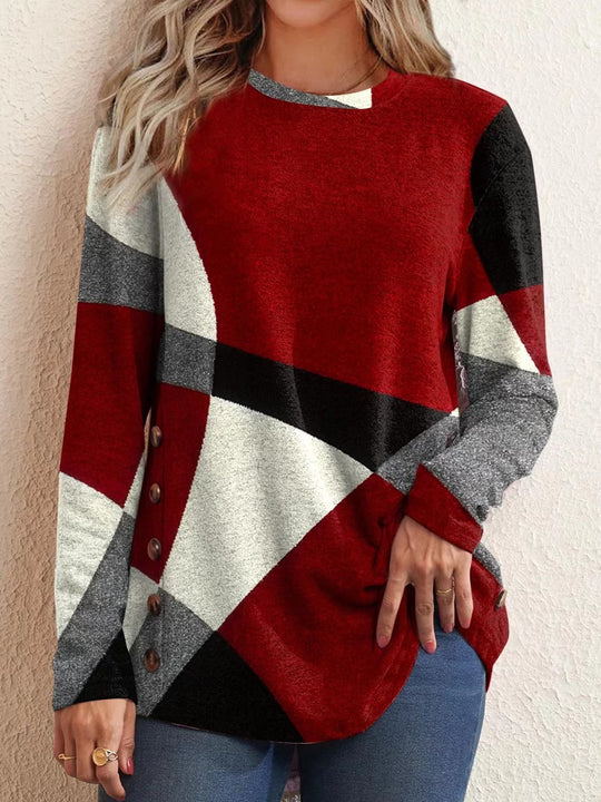 Damen Feinstrickpullover mit geometrischem Colorblock und Zierknöpfen Nord Taschen