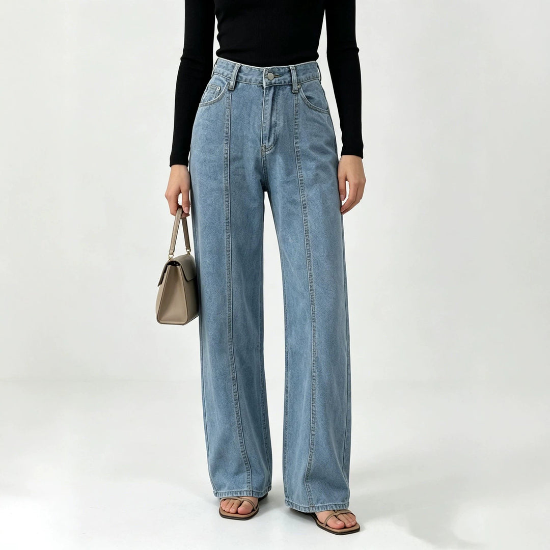 Damen hochtaillierte Jeans mit vertikaler Nahtpasse und weitem Bein Nord Taschen