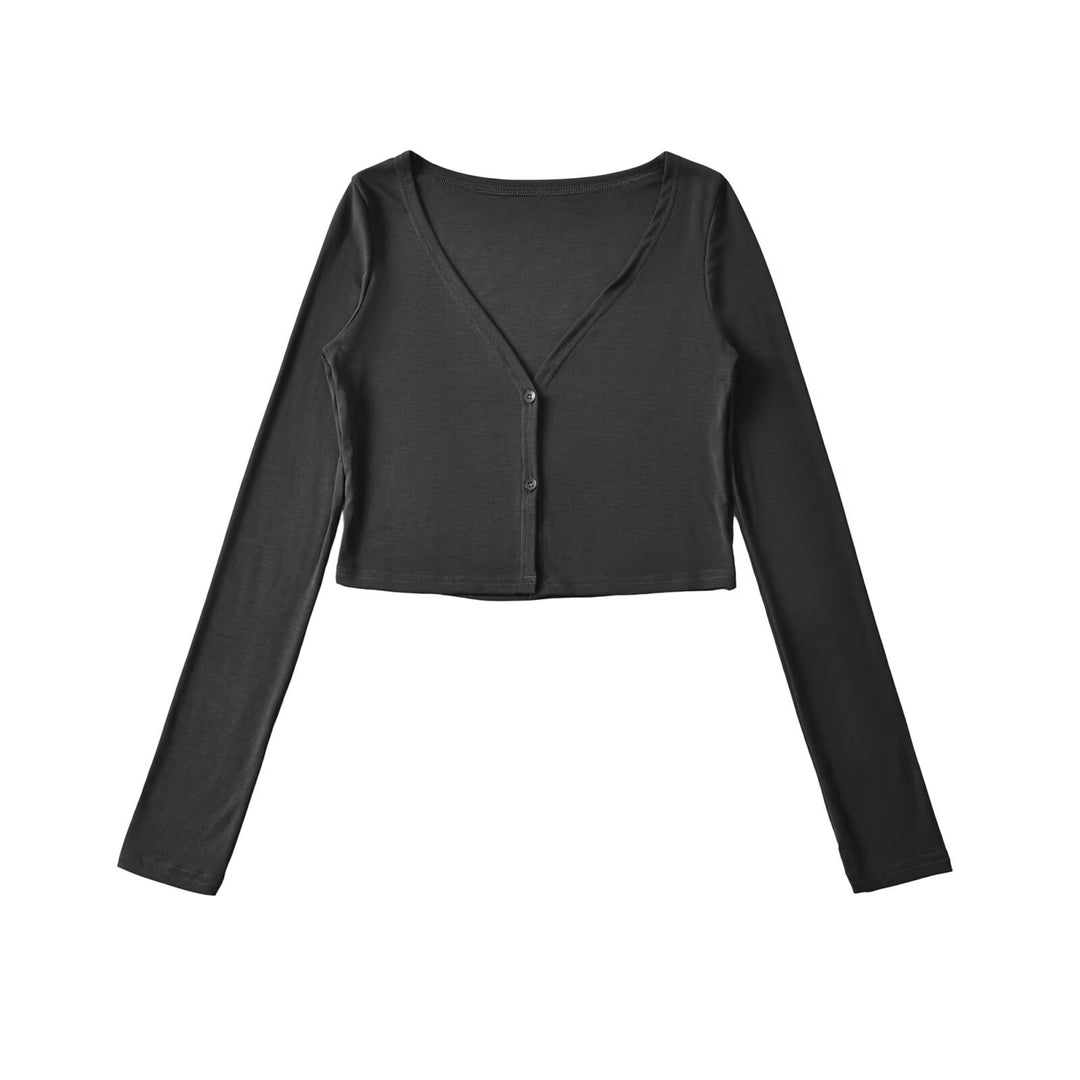 Damen Cropped Jersey-Cardigan mit tiefem V-Ausschnitt und schmaler Knopfleiste Nord Taschen