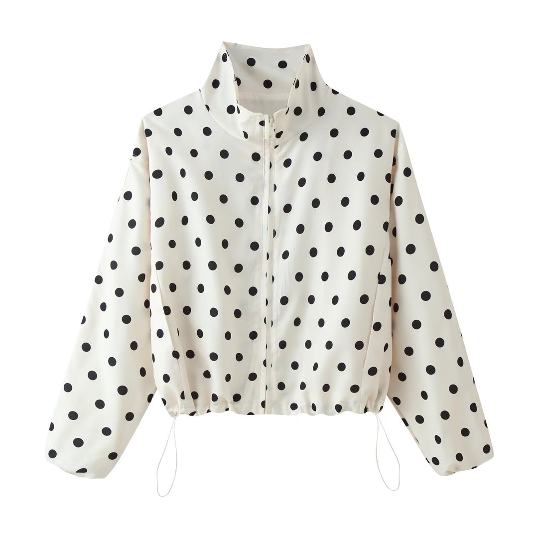 Damen Gepunktete Cropped-Übergangsjacke mit Stehkragen, Tunnelzug und Reißverschluss Nord Taschen