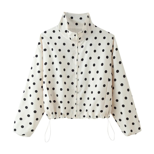 Damen Gepunktete Cropped-Übergangsjacke mit Stehkragen, Tunnelzug und Reißverschluss Nord Taschen