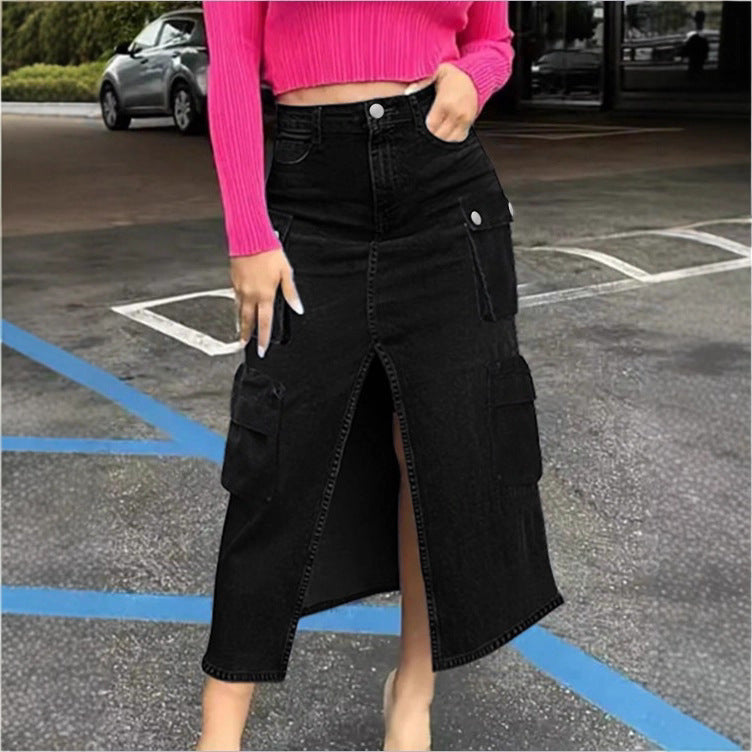 Damen Cargo-Jeans-Midirock mit Frontschlitz und aufgesetzten Cargotaschen Nord Taschen