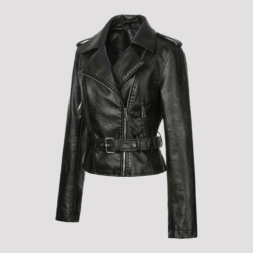 Damen Kurzjacke im Bikerstil aus weichem Kunstleder mit asymmetrischem Reißverschluss und Taillengürtel Nord Taschen