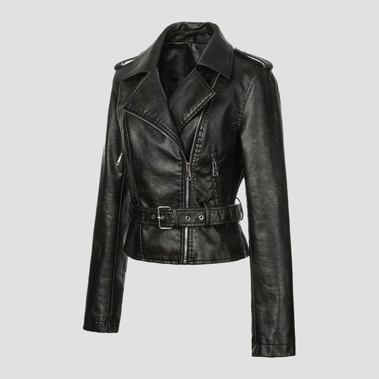 Damen Kurzjacke im Bikerstil aus weichem Kunstleder mit asymmetrischem Reißverschluss und Taillengürtel Nord Taschen