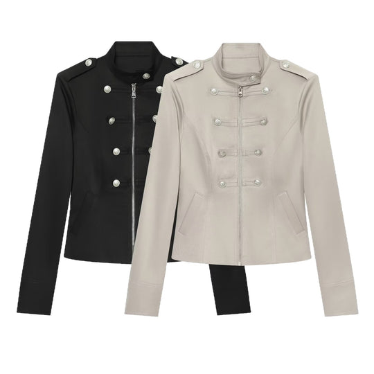 Damen Militärinspirierte Kurzjacke mit Stehkragen, Zierknopfleiste und Reißverschluss Nord Taschen
