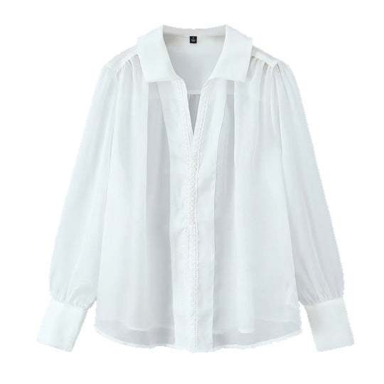 Damen Transparente Chiffon-Bluse mit Spitzenbesatz, Ballonärmeln und breiten Manschetten Nord Taschen