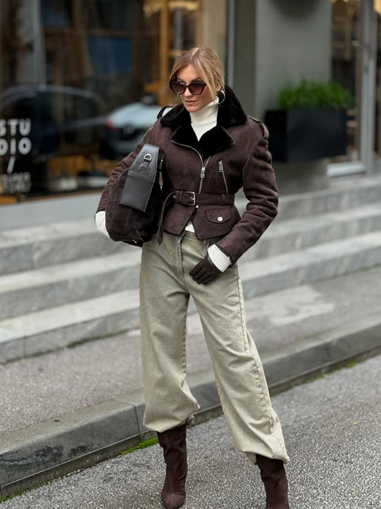 Damen Kurzjacke im Biker‑Style aus Velourslederoptik mit Teddyfutter und Taillengürtel Nord Taschen