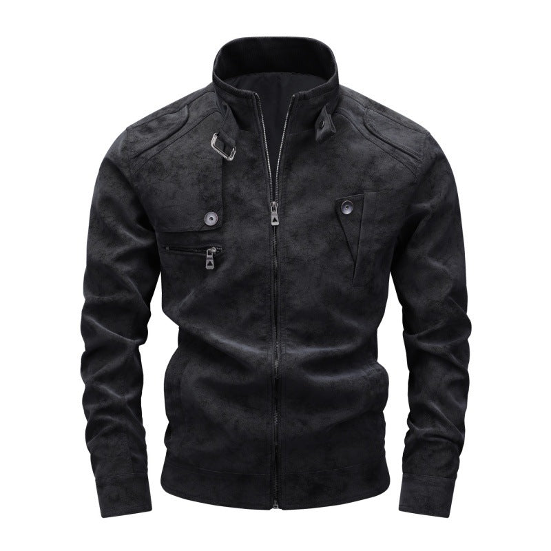 Herren Vintage-Utility Lederimitatjacke mit Stehkragen und mehreren Taschen Nord Taschen